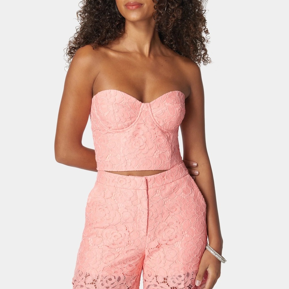 BEBE LACE BUSTIER TOP in Apricot Blush